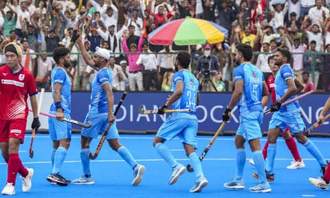 India's Mandeep Singh, 11, celebrates with teammates after scoring a goal during a Men's Hockey Asia Cup 2025 match between India and Japan, in Rajgir, Bihar, Sunday, Aug. 31, 2025 (PTI)&nbsp;