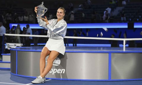 Aryna Sabalenka, of Belarus, holds up the championship trophy after defeating Amanda Anisimova, of the United States, in the women's singles final of the U.S. Open tennis championships, Saturday, Sept. 6, 2025, in New York (PTI)&nbsp;