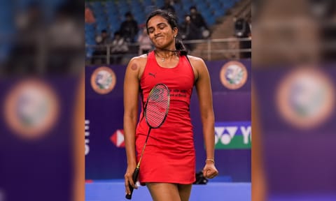 &nbsp;India's PV Sindhu reacts during women's singles quarterfinal match