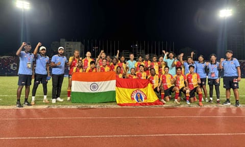 East Bengal team poses with national flag after qualifying for the league&nbsp;
