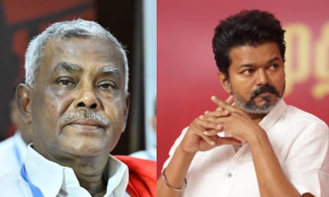 (L-R) CPM state secretary P Shanmugam, TVK founder-president Vijay