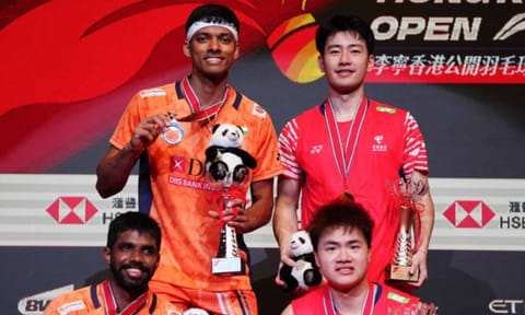 Satwiksairaj Rankireddy and Chirag Shetty with runner-up trophy&nbsp;