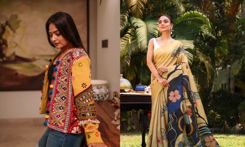 Kutcchi embroidery jacket, Soorih handpainted saree