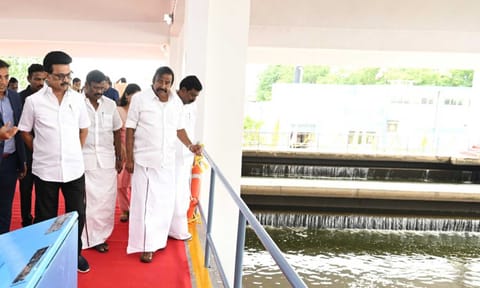 CM Stalin during the inauguration of 2nd pipeline on Saturday&nbsp;