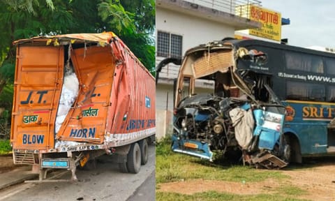The impact damaged the front portion of the bus. (Daily Thanthi)