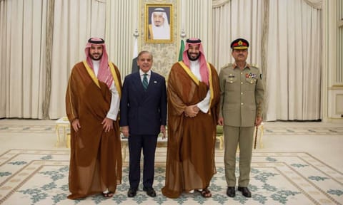This handout photograph released by the state-run Saudi Press Agency shows Pakistani Prime Minister Shehbaz Sharif, left, embracing Saudi Arabia's Crown Prince Mohammed bin Salman after signing a joint defense pact in Riyadh, Saudi Arabia, Wednesday, Sept. 17, 2025. (AP/PTI)&nbsp;
