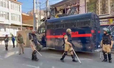Police personnel stand guard a day after violence erupted over statehood and other demands, in Leh, Ladakh, Thursday, Sept. 25, 2025 (PTI)&nbsp;