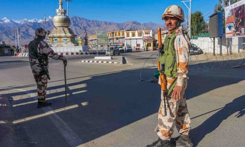 Security personnel patrol an area during a curfew after recent protests for statehood turned violent leaving four people dead and 90 others injured, in Leh, Ladakh, Friday, Sept. 26, 2025 (PTI)&nbsp;