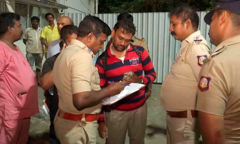 Police personnel at the site after an under-construction building collapses, in Chennai, Tuesday, Sept. 30 (PTI)&nbsp;