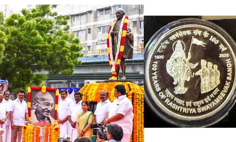 Tamil Nadu Chief Minister MK Stalin and others after paying tribute to Mahatma Gandhi on his birth anniversary; Commemorative coin released to mark the centenary year of the Rashtriya Swayamsevak Sangh (PTI)&nbsp;&nbsp;
