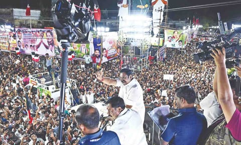 AIADMK general secretary Edappadi Palaniswami addressing a public meeting at Pappireddipatti in Dharmapuri on Thursday&nbsp;