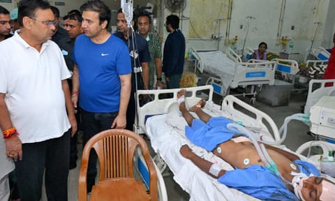 &nbsp;Rajasthan CM Bhajanlal Sharma meets an injured after a fire broke out at the trauma centre of the state-run Sawai Man Singh (SMS) Hospital, late Sunday night, in Jaipur (PTI)