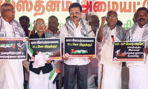 Tamil Nadu Chief Minister MK Stalin during CPI(M)'s protest, urging the Union government to take steps to stop war in Gaza, in Chennai, Wednesday, Oct. 8, 2025 (PTI)&nbsp;