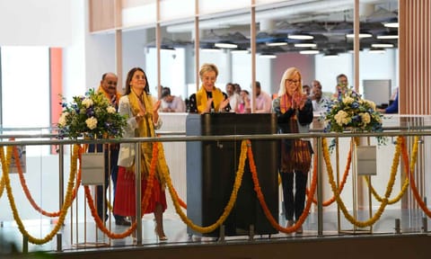 Tanuj Kapilashrami, chief strategy and talent officer, Shelley Boland, global head, corporate real estate &amp; services, and Noelle Eder, group head, technology &amp; operations, Standard Chartered at the inauguration of Standard Chartered Global Business Services largest global office in Chennai&nbsp;