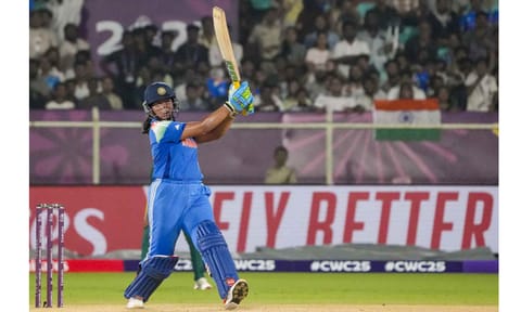 India's Richa Ghosh plays a shot during the ICC Women's World Cup ODI cricket match between India Women and South Africa Women, at the ACA-VDCA International Cricket Stadium, in Visakhapatnam, Thursday, Oct. 9 (PTI)&nbsp;