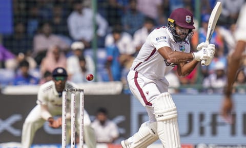 &nbsp;West Indies' John Campbell plays a shot on day two of the second and final Test cricket match of a series between India and West Indies, at the Arun Jaitley Stadium, in New Delhi, Saturday, Oct. 11, 2025. (PTI Photo/Shahbaz Khan)