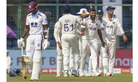 India's Jasprit bumrah celebrates the wicket of West Indies' Anderson Phillip with teammates during the fourth day of the second and final Test cricket match between India and West Indies at the Arun Jaitley Stadium in New Delhi, Monday, Oct. 13, 2025 (PTI)&nbsp;