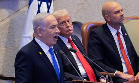 Israeli Prime Minister Benjamin Netanyahu addresses the Knesset as President Donald Trump and Amir Ohana, Speaker of the Israeli Knesset listen, Monday, Oct. 13, 2025 in Jerusalem (AP)&nbsp;
