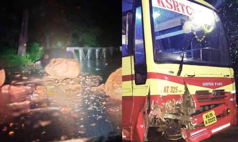 Rolled down boulders on the stretch near Burliar Chinna Kurumpatti hamlet in Coonoor; Damaged front portion of KSRTC bus&nbsp;
