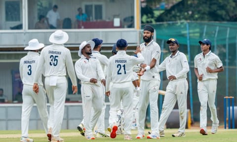 Gurjapneet Singh celebrates after taking a wicket