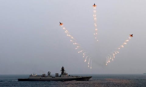 Indian Navy aircraft perform aerial manoeuvres during Prime Minister Narendra Modi's visit aboard INS Vikrant on the occasion of Diwali, off the coast of Goa and Karwar (PTI)&nbsp;