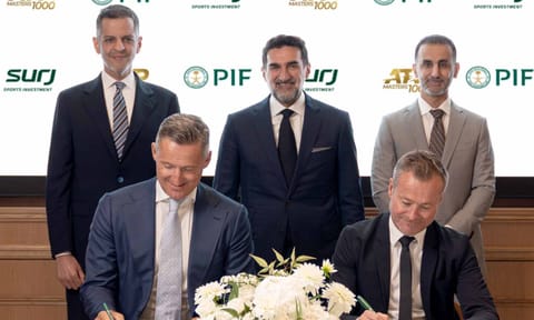 Pictured from left to right: Yazeed A. Al-Humied, Deputy Governor and Head of MENA Investments at PIF; Andrea Gaudenzi, Chairman of the ATP; His Excellency Yasir O. Al-Rumayyan, Governor of PIF; Danny Townsend, CEO of SURJ Sports Investment; and Bandar Mogren, Chairman of SURJ Sports Investment and COO of PIF, gather in Paris, France, to sign a new partnership to bring a 10th ATP Masters 1000 event to Saudi Arabia. (Photo: ATP Tour)