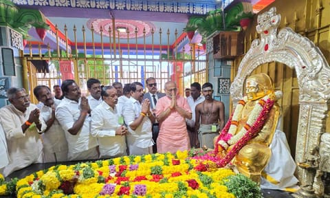 Vice President C P Radhakrishnan pays tribute to freedom fighter Muthuramalinga Thevar on his 63rd guru pooja and 118th jayanthi, in Ramanathapuram district (PTI)