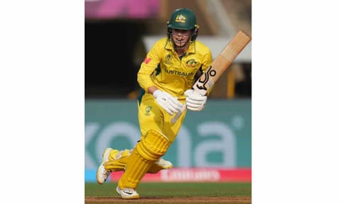 Australia's Phoebe Litchfield plays a shot during an ICC Women's World Cup semifinal ODI cricket match between India Women and Australia Women, at the DY Patil Stadium, in Navi Mumbai, Thursday, Oct. 30, 2025 (PTI)&nbsp;