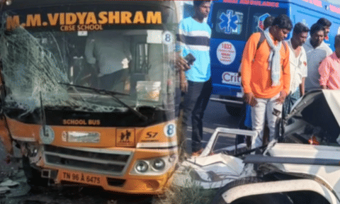 Car hits school van in Kovilpatti (Photo/Instagram@thanthitv)