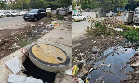 Partially opened and damaged SWD lid on the pavement opposite to  CSI Ewarts Global School on Alagappa Road in Egmore