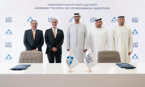 (L-R) S Ganeshkumar, MD, TCI Sanmar Chemicals; Ambassador Navdeep Suri, chairman, TCI Sanmar Chemicals; Dr Sultan Al Jaber, UAE Minister of Industry and Advanced Technology and ADNOC Managing Director &amp; Group CEO; Mashal Al Kindi, CEO, TA’ZIZ; and Nasser Al Muhairi, executive VP, downstream business management, ADNOC