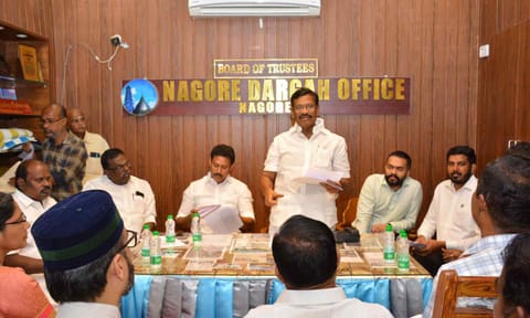 Ministers SM Nasar and Anbil reviewed the ongoing preparations for the Kanduri festival at Nagore Dargah on Saturday&nbsp;