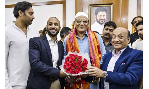 Former cricketer Mohammad Azharuddin is being felicitated as he takes charge as Minister for Minorities Welfare of Telangana, at Dr. B.R. Ambedkar Telangana State Secretariat, in Hyderabad, Monday (PTI)&nbsp;