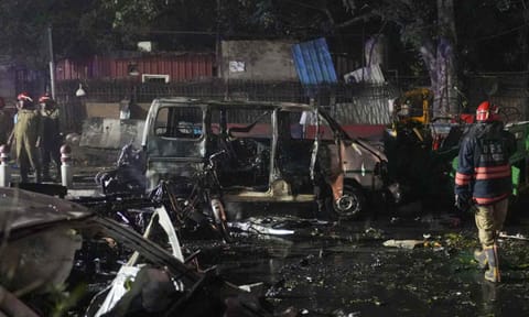 Rescue work underway amid mangled remains of vehicles after a blast occurred in a parked car near Red Fort, leaving multiple vehicles in flames, in New Delhi, Monday, Nov. 10, 2025 (PTI)&nbsp;