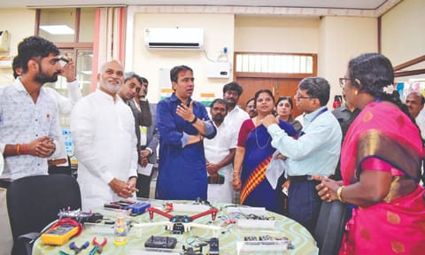 Union Minister Jayant Chaudhary interacting with NSTI Chennai faculty members in Chennai on Monday