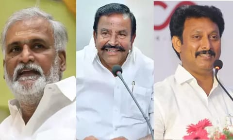 (L-R) DMK ministers PK Sekarbabu, KN Nehru, Anbil Mahesh