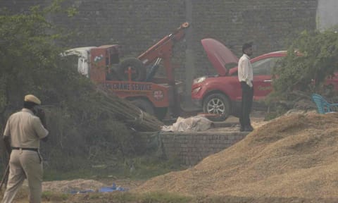 A red Ford EcoSport car suspected to be linked to the Delhi Red Fort blast case has been traced and seized in Faridabad district's Khandawali, Thursday, Nov. 13, 2025 (PTI)&nbsp;