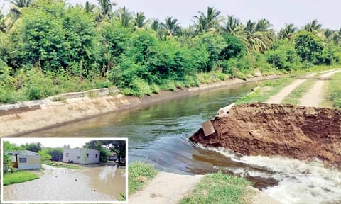 Water flowing through the breach in PAP canal; (inset) a flooded residential area in Palladam&nbsp;
