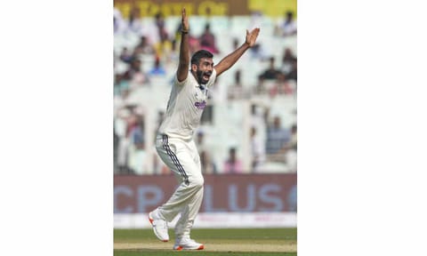 India's Jasprit Bumrah makes an unsuccessful appeal for the wicket of South Africa's captain Temba Bavuma during the first day of the first Test cricket match between India and South Africa, at the Eden Gardens, in Kolkata, Friday, Nov. 14, 2025 (PTI)&nbsp;