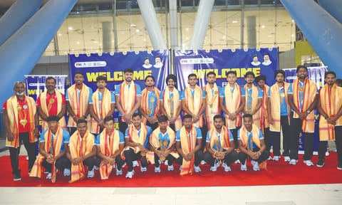 The Indian junior team poses for picture upon arrival at the airport