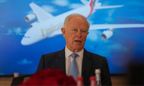 Tim Clark, the president of Emirates Airlines, speaks to journalists at the Dubai Air Show, United Arab Emirates, Tuesday, Nov. 18, 2025. (AP)&nbsp;