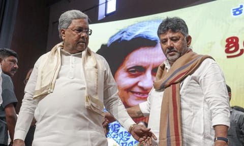 Bengaluru: Karnataka Chief Minister Siddaramaiah and state Deputy Chief Minister DK Shivkumar during an event marking the birth anniversary of former PM Indira Gandhi, at Bharat Jodo Bhavan in Bengaluru, Wednesday, Nov. 19, 2025. (PTI)&nbsp;&nbsp;