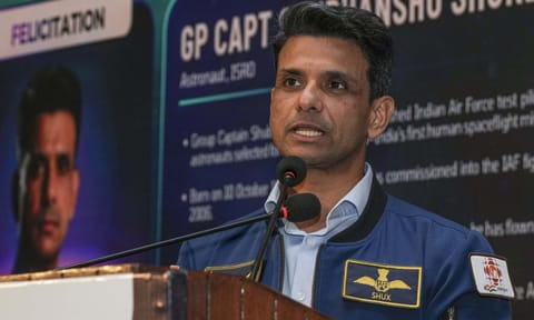 Indian Astronaut and IAF Group Captain Shubhanshu Shukla addresses the gathering during the India International Space Conclave, in New Delhi (PTI)&nbsp;