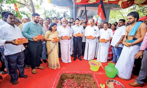 Minister PK Sekarbabu, MP Dayanidhi Maran, and Mayor R Priya during the&nbsp; groundbreaking ceremony on Thursday
