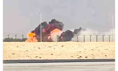 Smoke billows out after a fighter jet Tejas of the Indian Air Force crashed during an aerial display at the Dubai Air Show. The pilot died in the accident, according to officials (PTI)&nbsp;