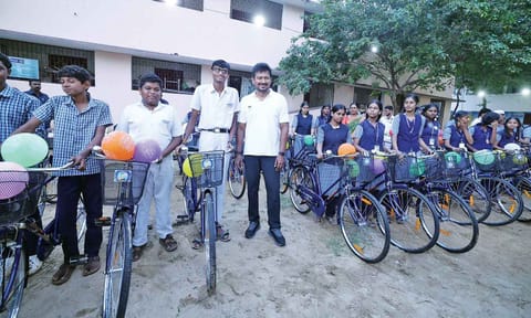 Deputy Chief Minister Udhayanidhi Stalin with students in Chepauk–Triplicane Assembly constituency on Friday