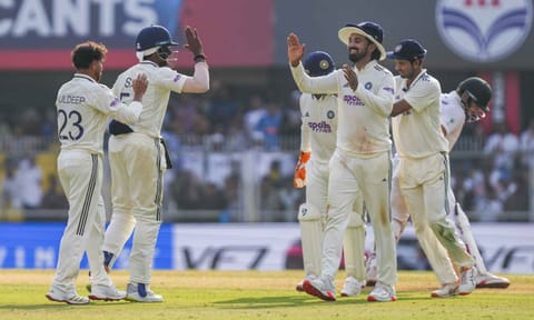 India's Kuldeep Yadav celebrates with teammates after taking the wicket of South Africa's Tristan Stubbs during the first day of the second Test cricket match between India and South Africa, at ACA Stadium, Barsapara in Guwahati, Saturday, Nov. 22, 2025 (PTI)&nbsp;