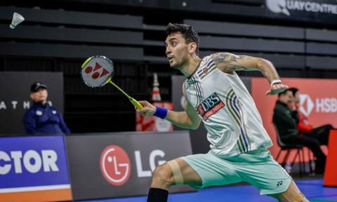 Lakshya Sen aims a return of the cork during the match&nbsp;