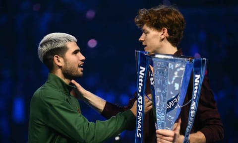 Jannik Sinner acknowledges Carlos Alcaraz after the trophy presentation ceremony at the ATP Finals&nbsp;