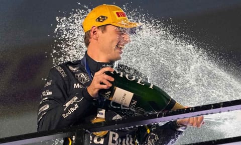 First place finisher Red Bull driver Max Verstappen of the Netherlands celebrates after the Formula One Las Vegas Grand Prix auto race, Saturday, Nov. 22, 2025 in Las Vegas (AP)&nbsp;